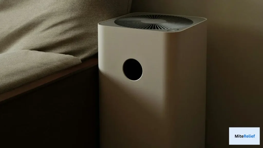 HEPA air purifier helping reduce airborne allergens in the bedroom
