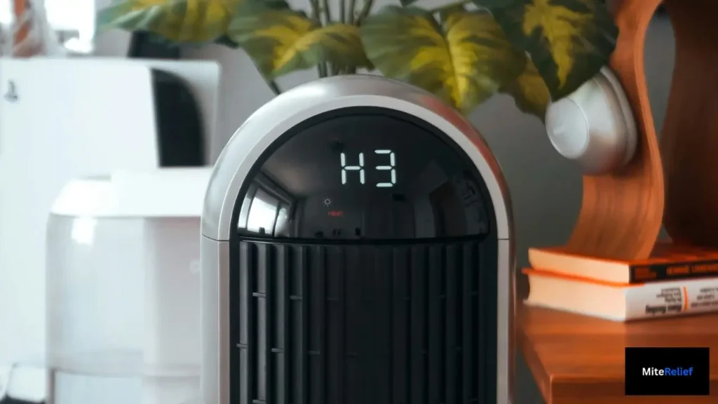 air purifier placed near a bed for dust mite allergen control