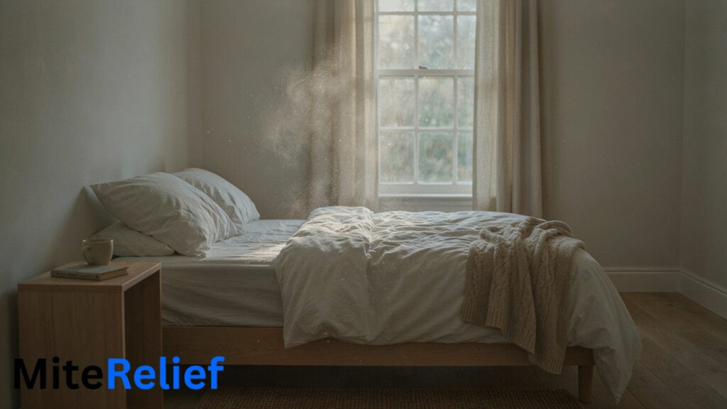 Dust mite allergen particles associated with bedroom bedding