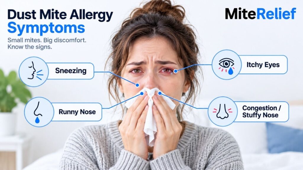 Common dust mite allergy symptoms including sneezing, congestion, and itchy eyes