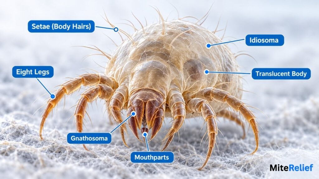 Dust mite anatomy showing body structure and microscopic features