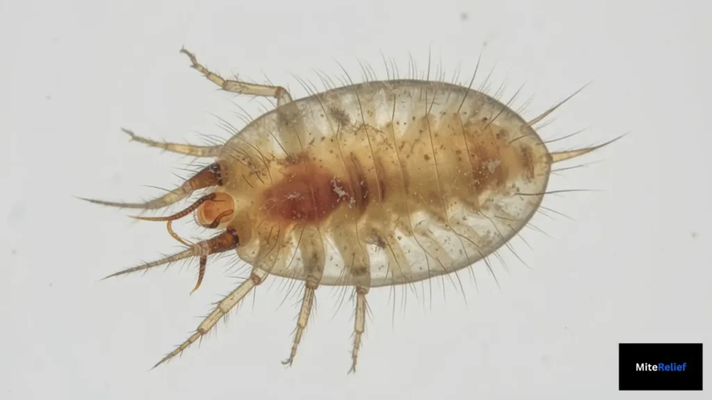 dust mite magnified showing oval body tan color eight legs anatomy