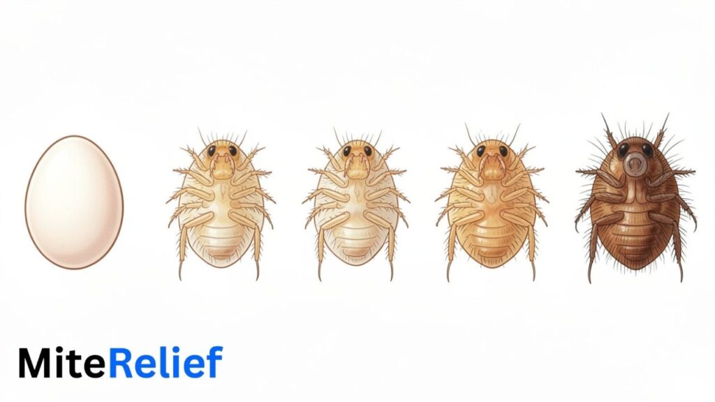 Dust mite life cycle from egg to adult