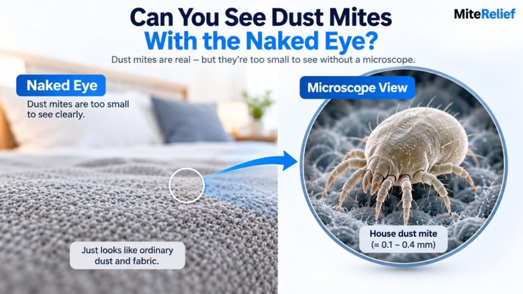 Dust mite comparison between naked eye view and microscope magnification