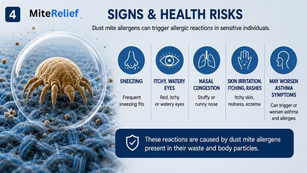 Dust mite allergen infographic showing sneezing, itchy eyes, nasal congestion, skin irritation, and asthma symptoms