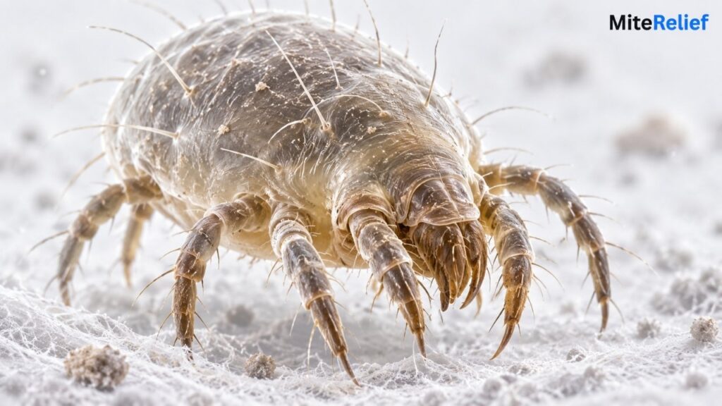 Dust mite under microscope showing legs and body details