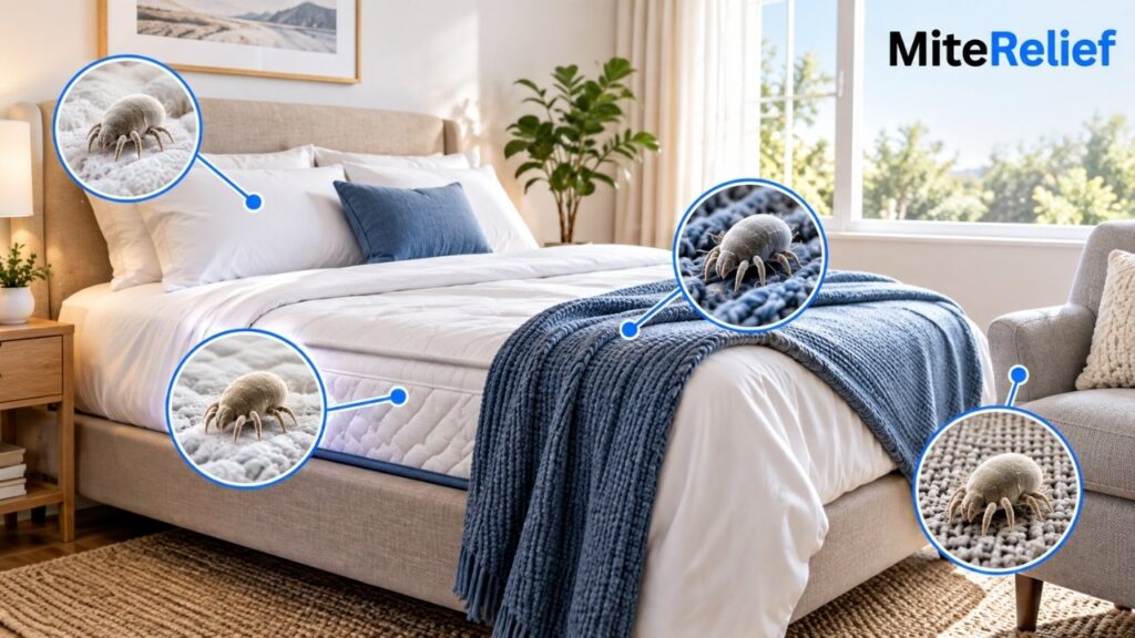 Bedroom bedding and mattress areas where dust mite allergens collect
