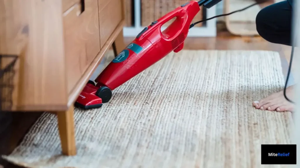 HEPA vacuum cleaning bedroom carpet to reduce dust mite allergens
