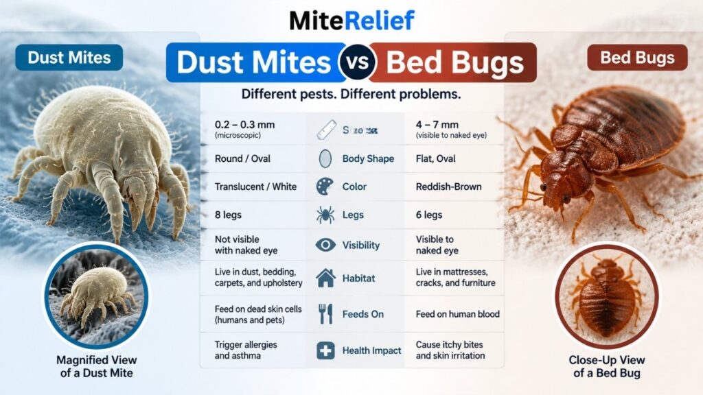 Comparison of dust mites and bed bugs appearance and size
