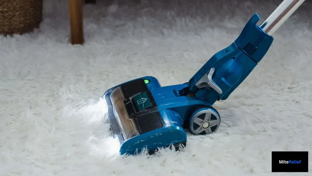 HEPA vacuum cleaning carpets and bedding to remove dust mite allergens