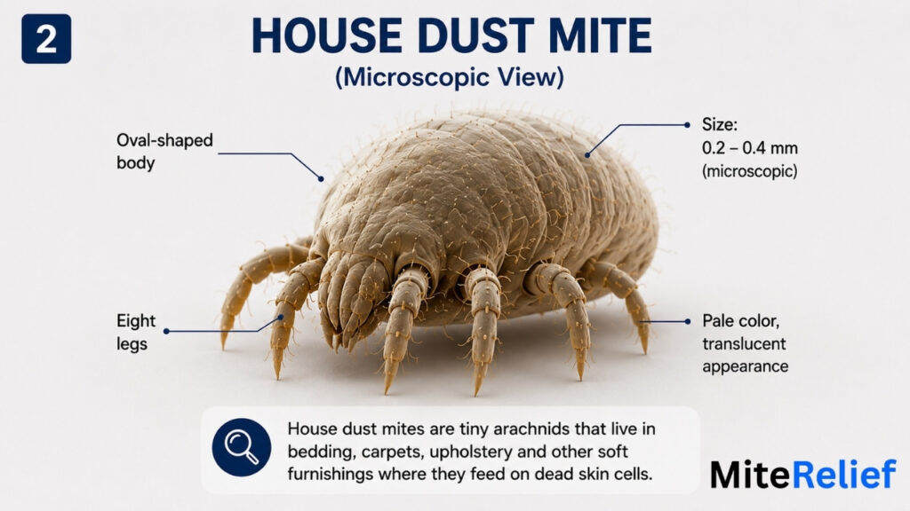 Microscopic view of a house dust mite showing its oval body, pale color, and eight legs