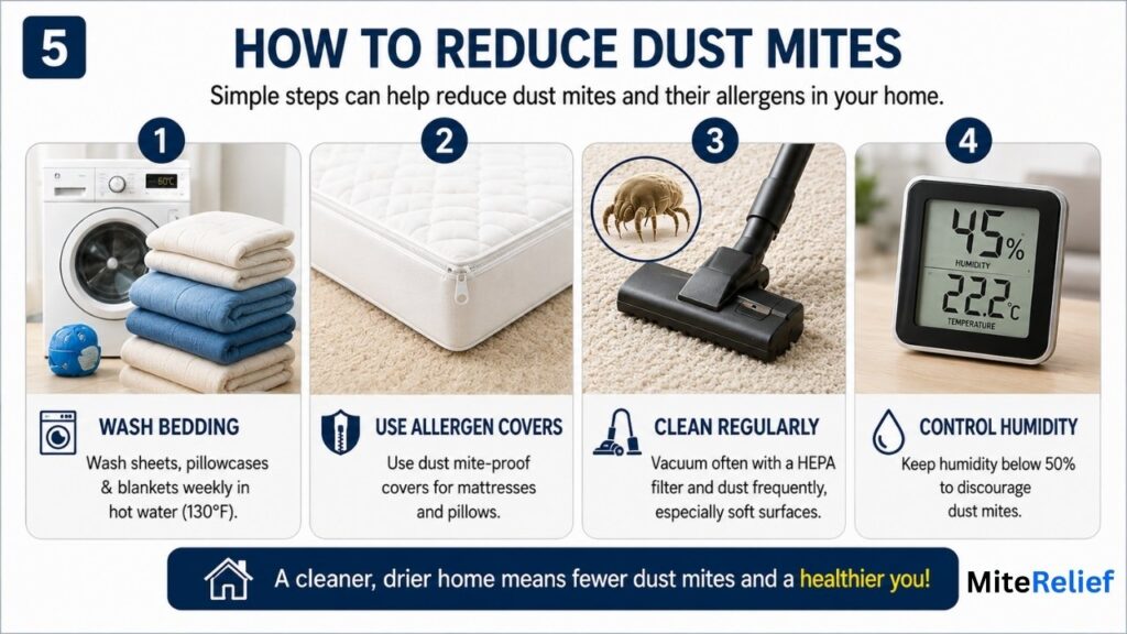 Infographic showing how to reduce dust mites by washing bedding, using allergen covers, cleaning regularly, and controlling humidity
