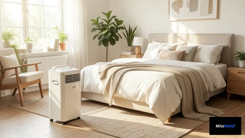 Portable dehumidifier reducing excess moisture in a bedroom