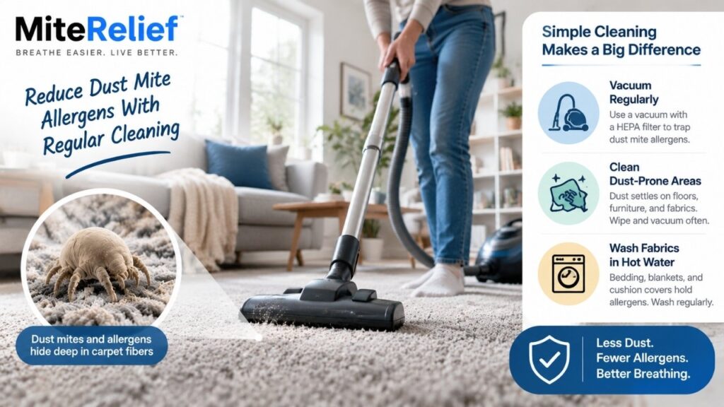 Cleaning carpet and furniture to reduce dust mite allergens