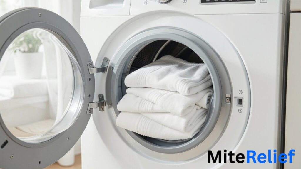 Fresh bedding being washed to reduce dust mite allergen buildup
