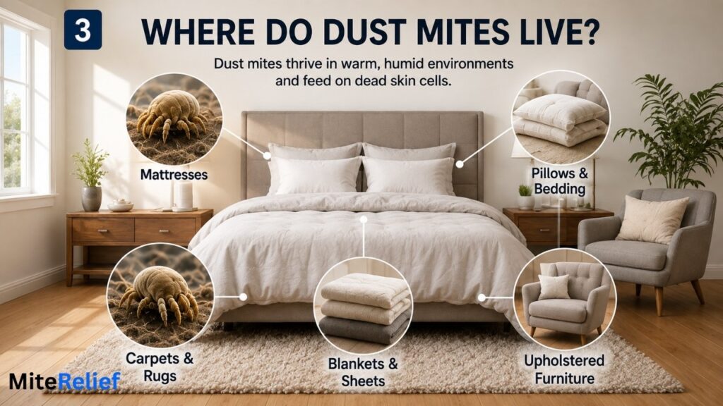 Infographic showing common places dust mites live including mattresses, pillows, carpets, blankets, and upholstered furniture