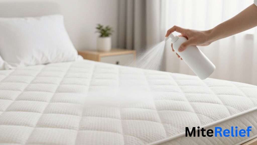 Applying an allergen-neutralizing spray to a clean mattress after steam cleaning