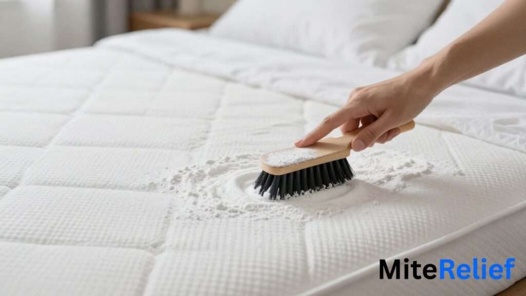 Sprinkling baking soda on a mattress before deep cleaning for dust mite control