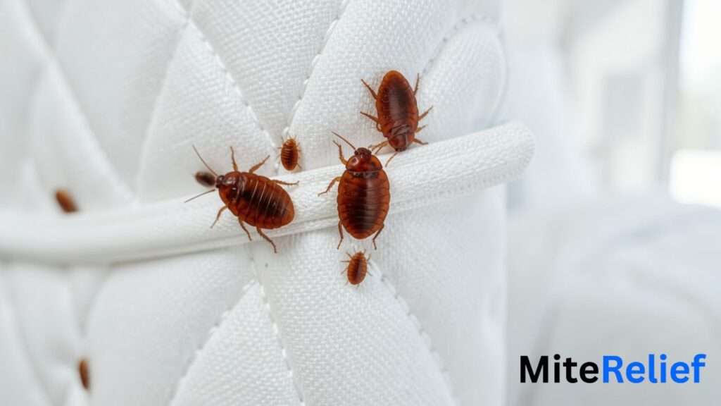 Close-up of bed bugs hiding along the seam of a white mattress.