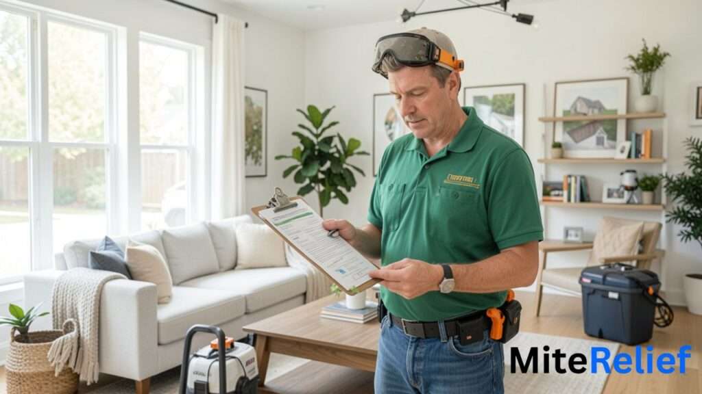 Pest control professional explaining a dust mite treatment plan and inspection report to homeowners.