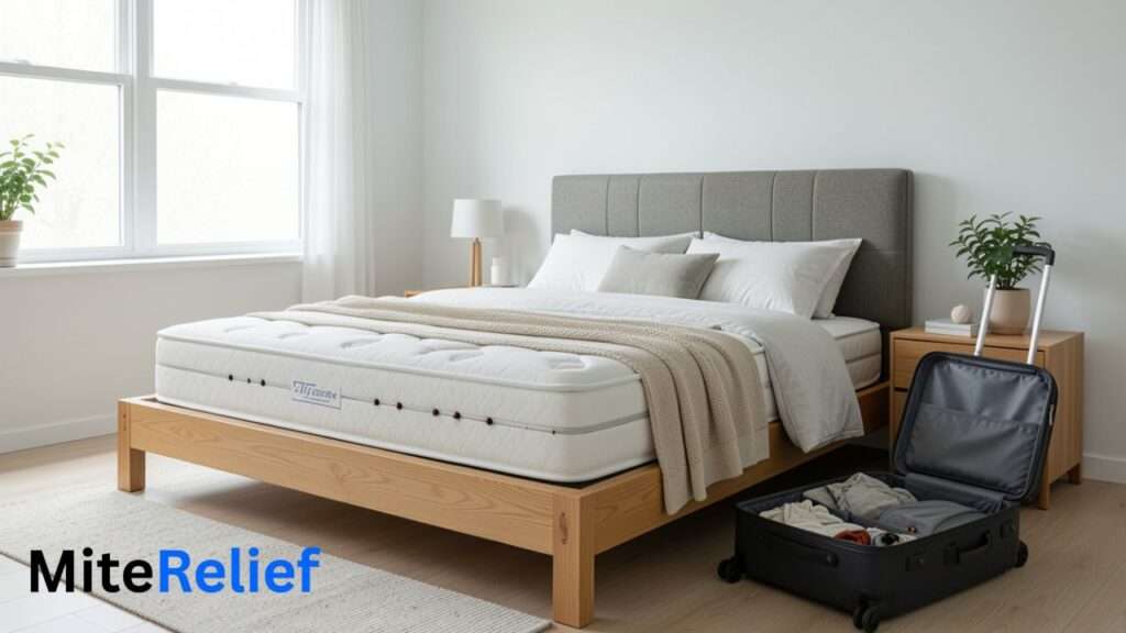 Common places where bed bugs hide including mattress seams, bed frame, and luggage.