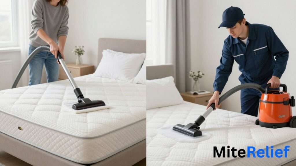 Comparison of DIY dust mite cleaning with HEPA vacuum versus professional pest control treatment.