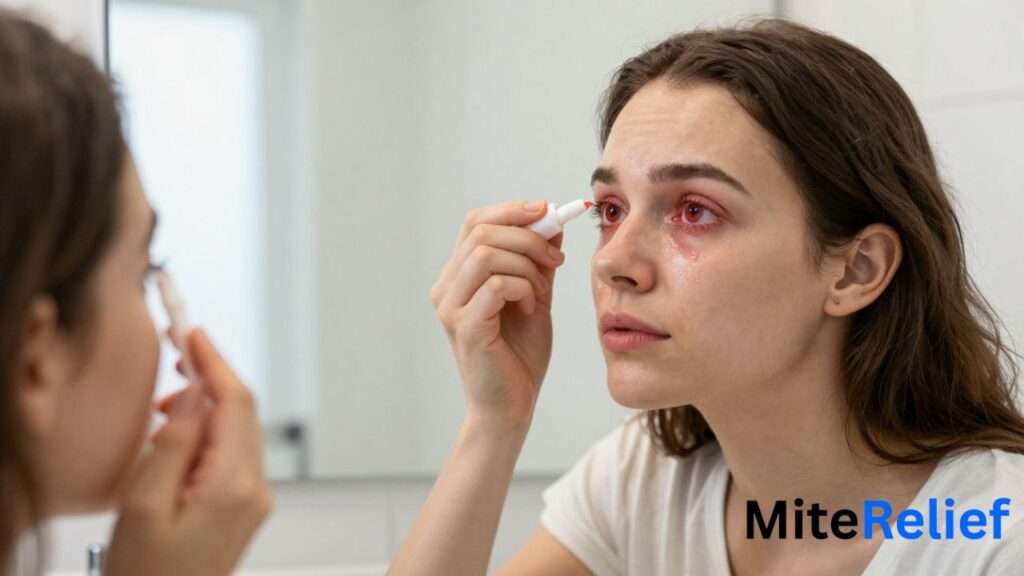 Eye drops used to relieve dust mite allergy eyes with redness and itching
