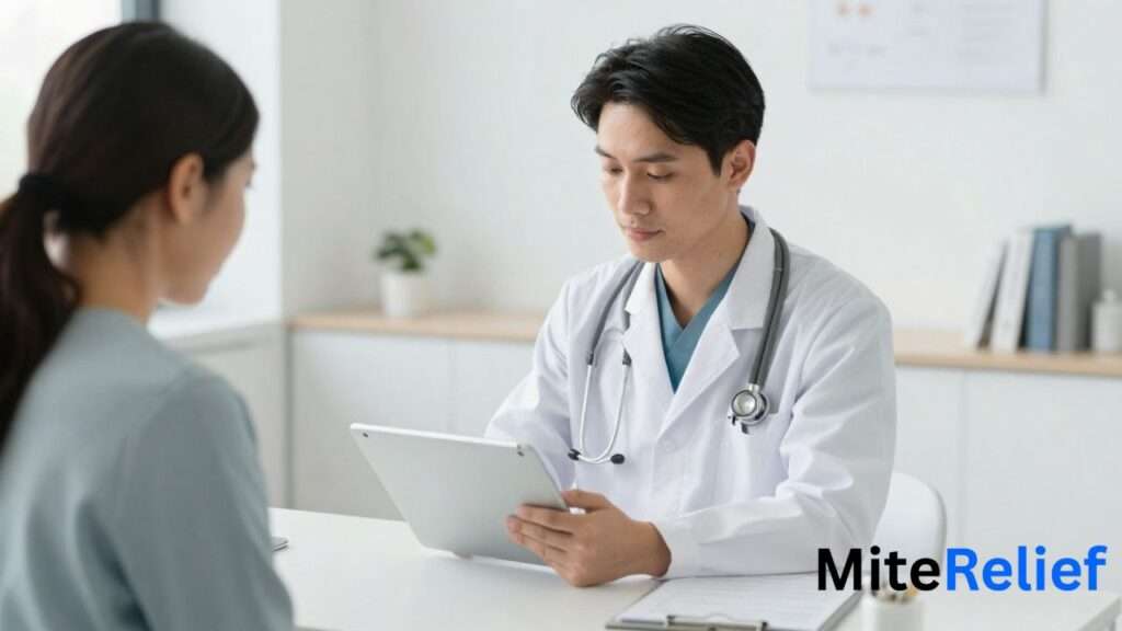 Doctor explaining immunotherapy treatment for long-term dust mite allergy relief