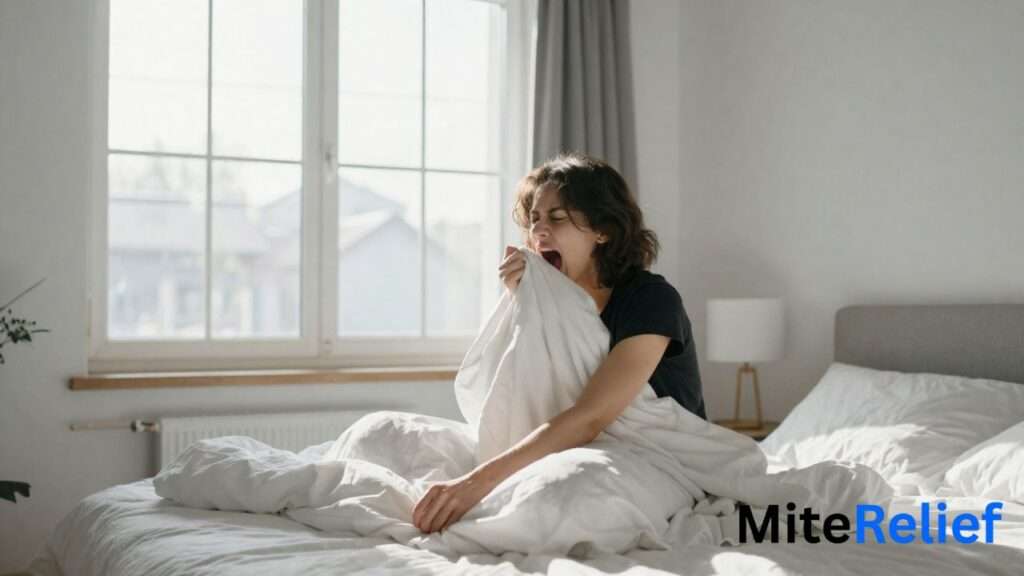 Person experiencing dust mite allergy symptoms while changing bedding in a bedroom.