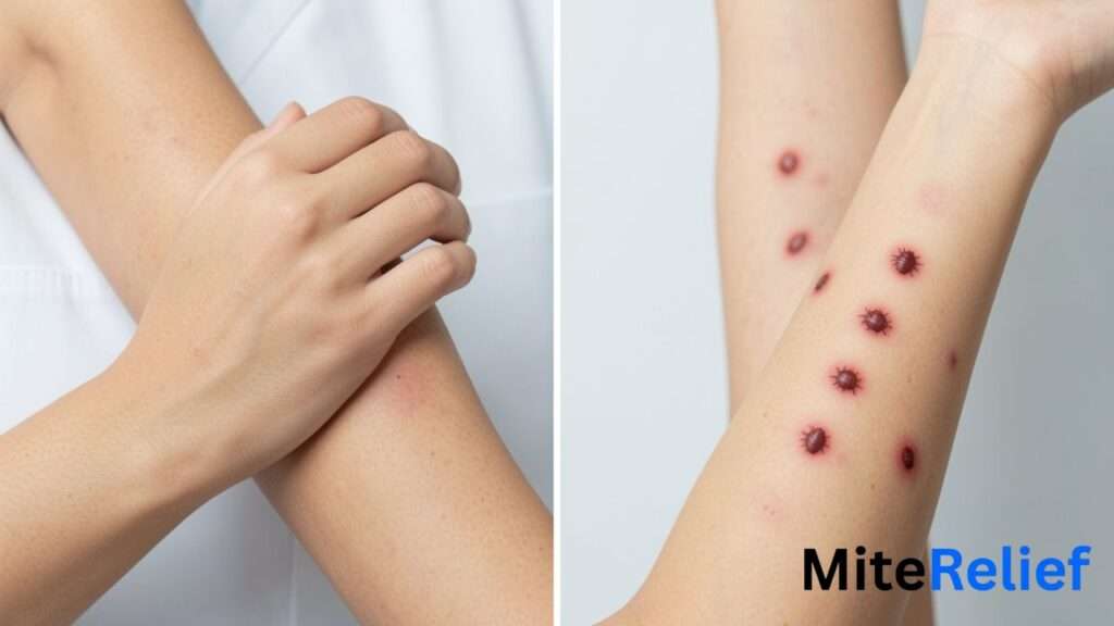 Comparison of dust mite allergy skin irritation and bed bug bite welts on the skin.