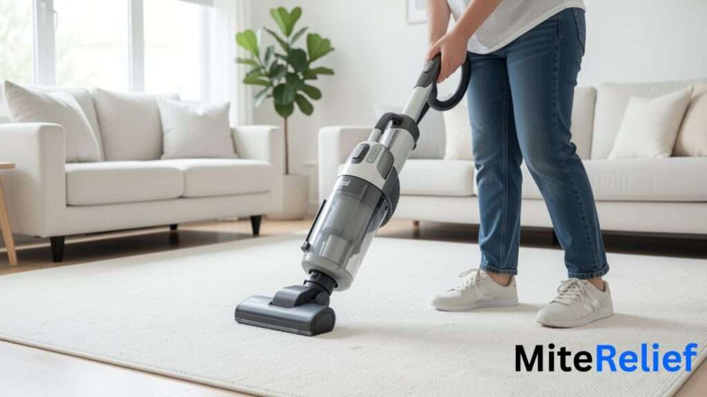 HEPA vacuum cleaning a carpet to reduce dust mite allergens