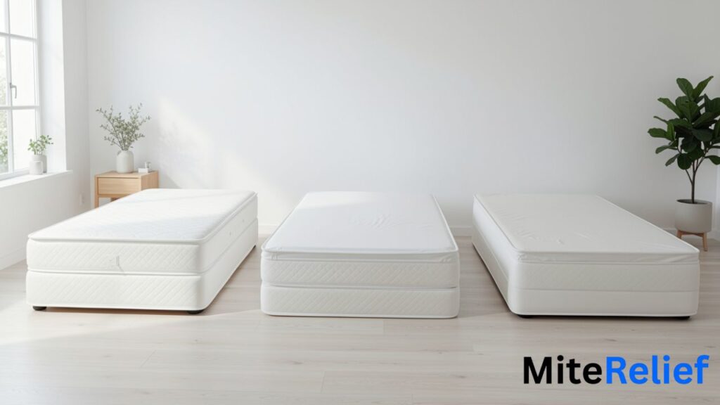 Comparison of a full mattress encasement, mattress protector, and standard mattress cover.