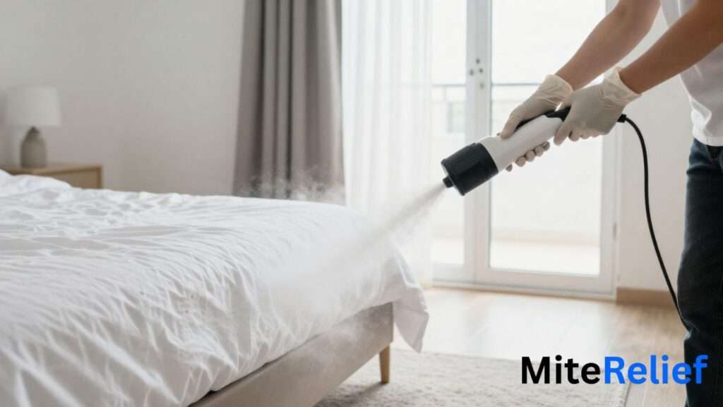 Using a dust mite fogger to treat a bedroom for dust mites