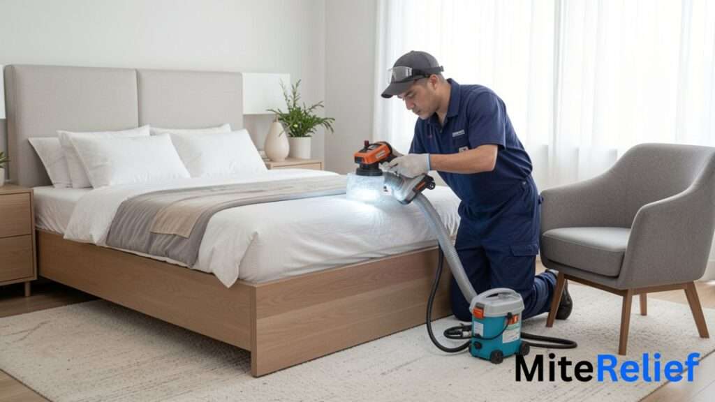 Pest control technician inspecting a mattress, carpet, and upholstered furniture for dust mite treatment.