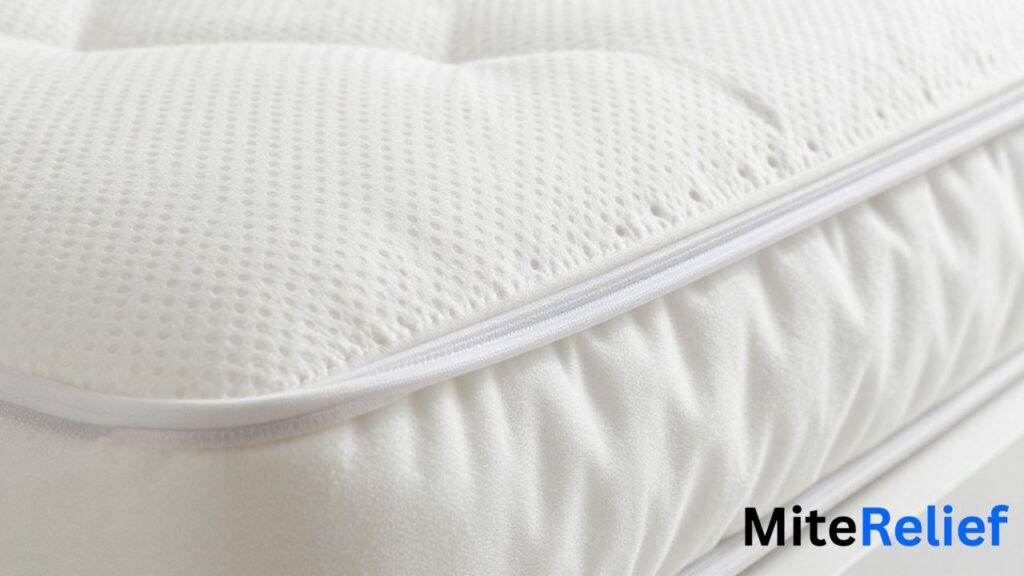 Close-up of a dust mite mattress encasement showing a zipper, breathable microfiber fabric, and reinforced seams.