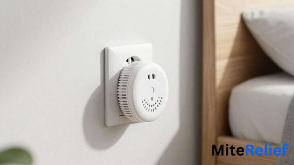 Ultrasonic dust mite plug-in device connected to a bedroom wall outlet