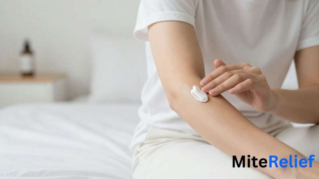 Applying cream for dust mite skin rash treatment to reduce itching and redness