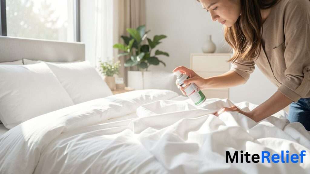 Applying dust mite spray to a bed and mattress before replacing bedding