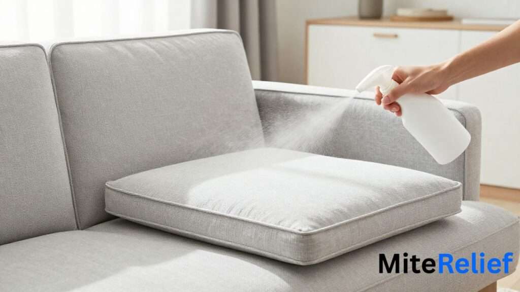 Spraying a fabric sofa cushion to reduce dust mite allergens