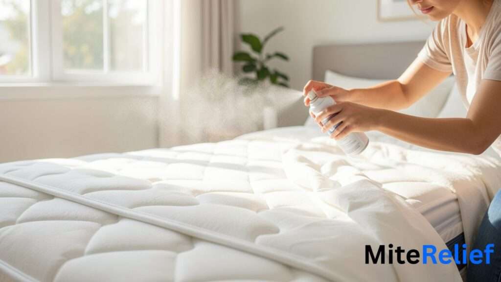 Close-up of a person spraying anti-dust mite solution onto a mattress