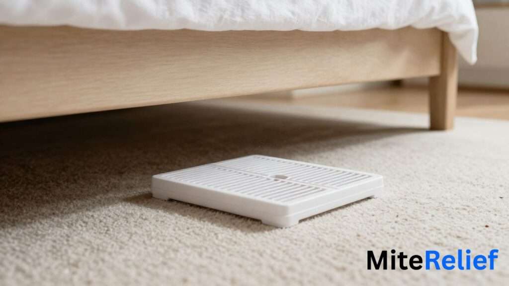 Sticky dust mite trap placed under a bed to monitor dust mite activity