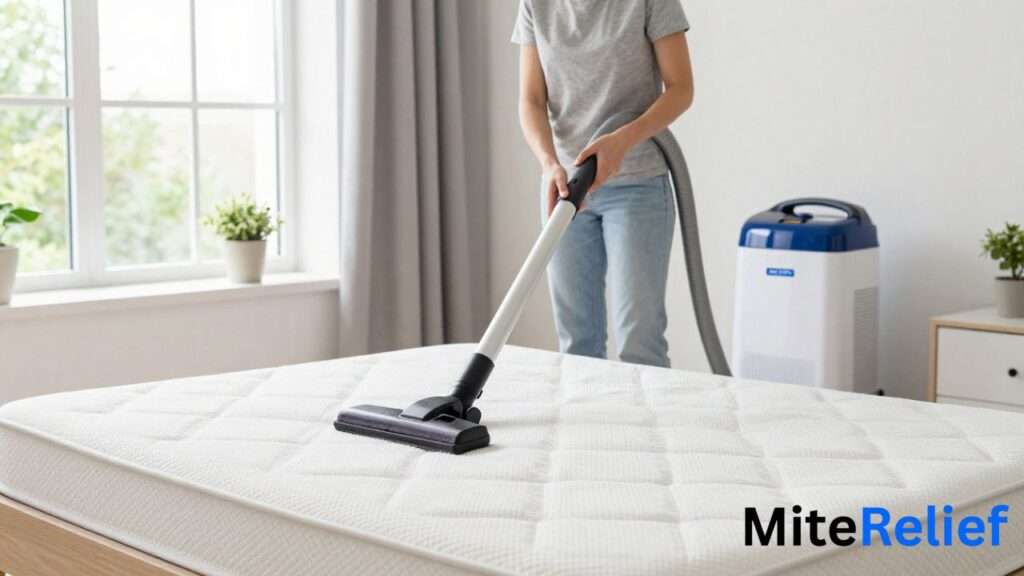 HEPA vacuum cleaning a mattress while a dehumidifier helps reduce dust mite allergens in the bedroom.