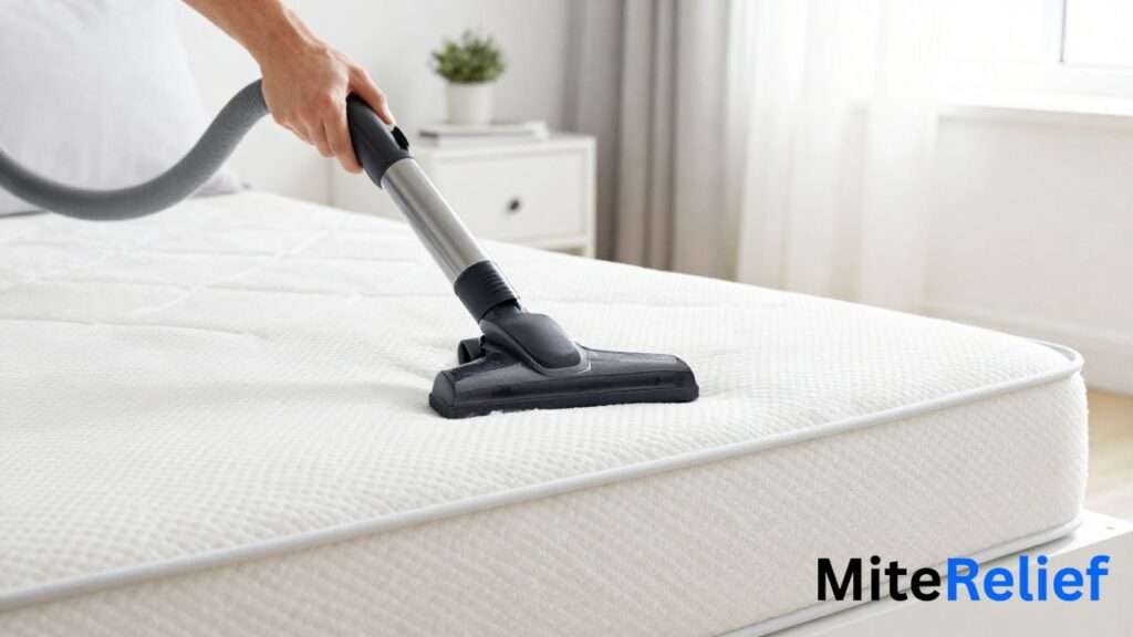 Using a HEPA vacuum to remove dust mite allergens from a mattress.