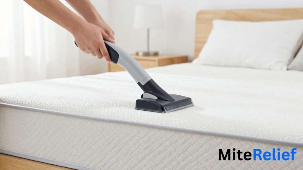 Using a HEPA vacuum with an upholstery attachment to remove dust mites from a mattress