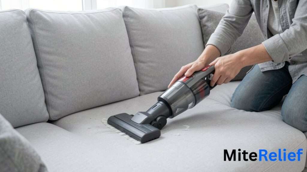 Using a HEPA vacuum to clean dust mites from a fabric sofa