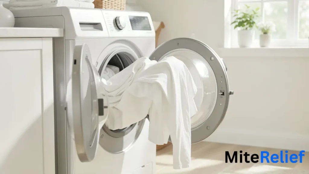 Loading white sheets into a washing machine for a hot allergen wash