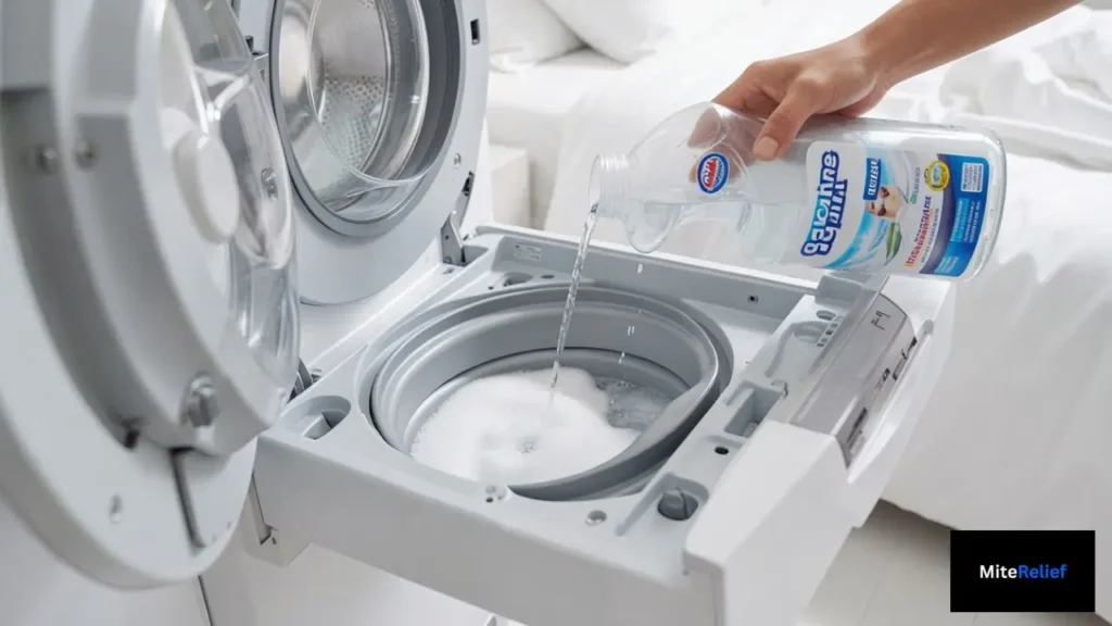 Dust mite laundry additive added to a washing machine for allergen control