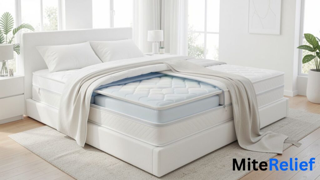 Cutaway view showing a dust mite mattress encasement sealing a mattress to block allergens and dust mites.