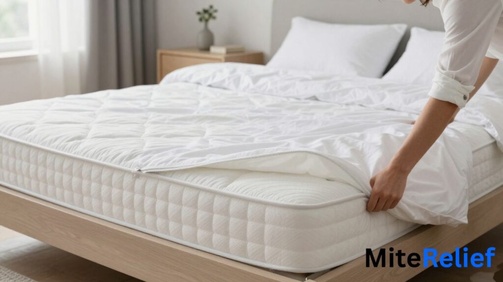 Person installing a zippered dust mite mattress encasement on a clean mattress before adding bedding