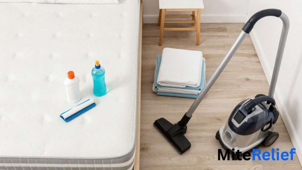 Mattress cleaning tools including a HEPA vacuum, steam cleaner, baking soda, allergen spray, and clean bedding